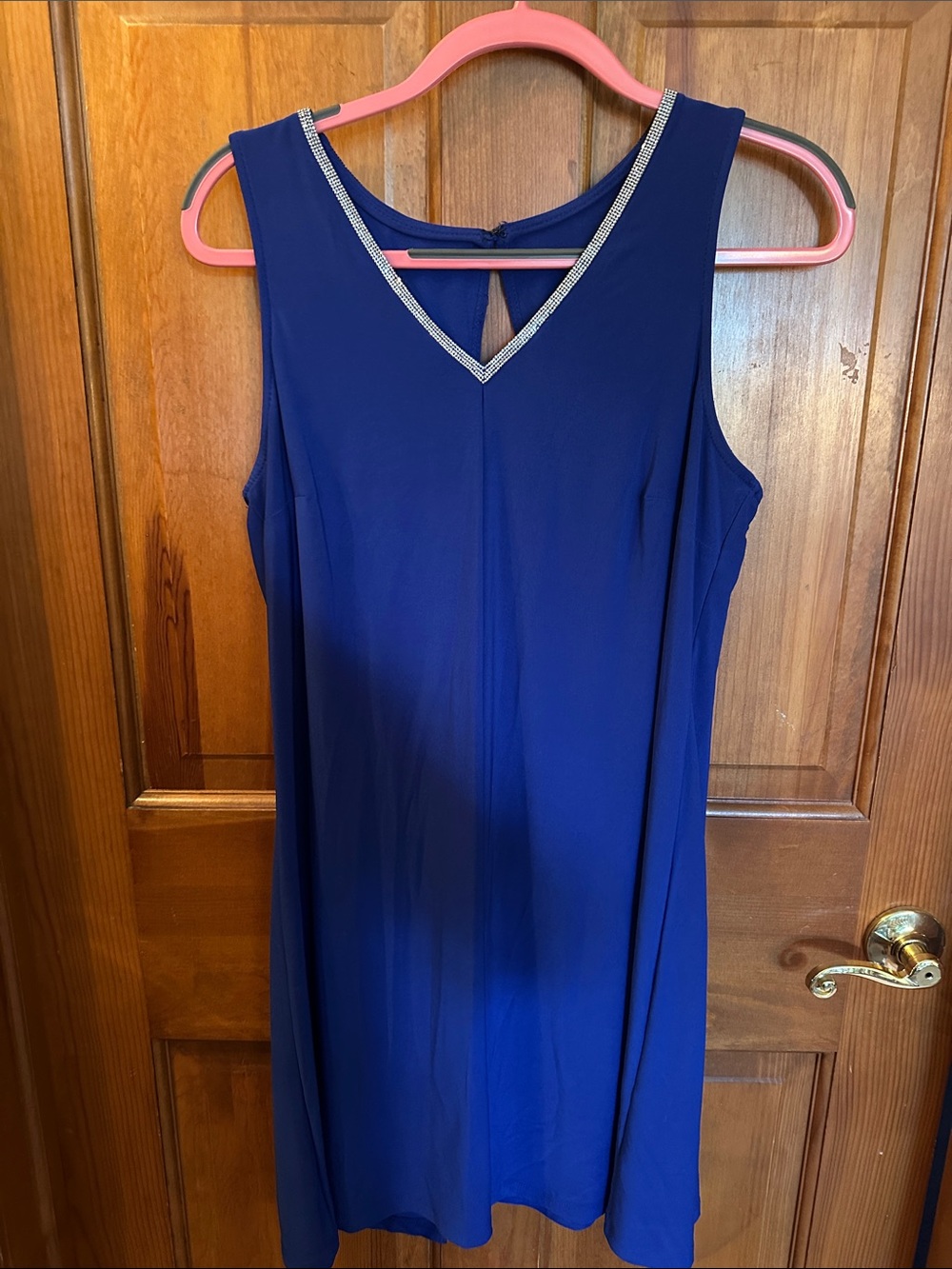 Sleeveless V-Neck Navy Blue Dress with Beaded Trim